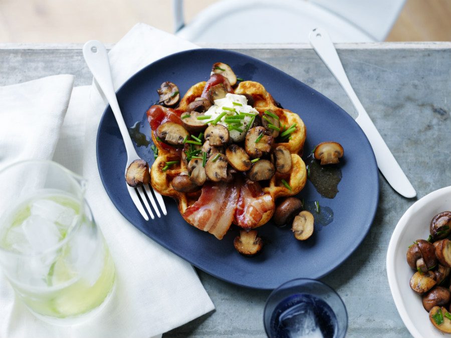 Waffles with Sautéed Mushrooms & Maple Bacon