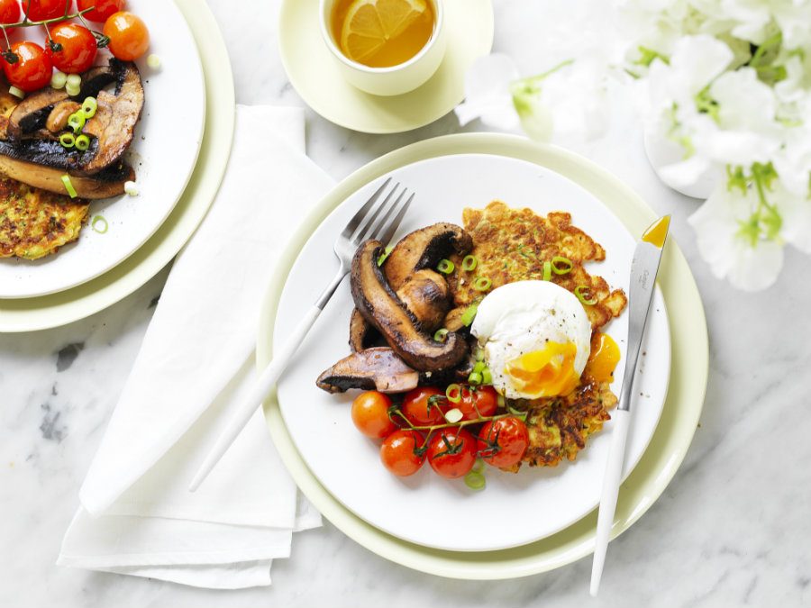 Zucchini Fritters with Portobello Mushrooms & Poached Egg