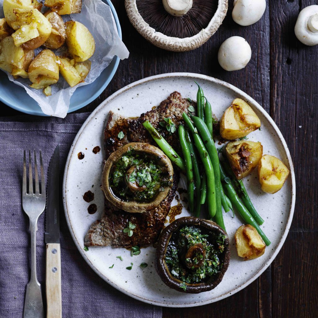 Herb & garlic flat mushrooms with minute steak Australian Mushrooms