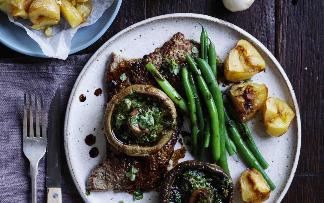 Herb & garlic flat mushrooms with minute steak