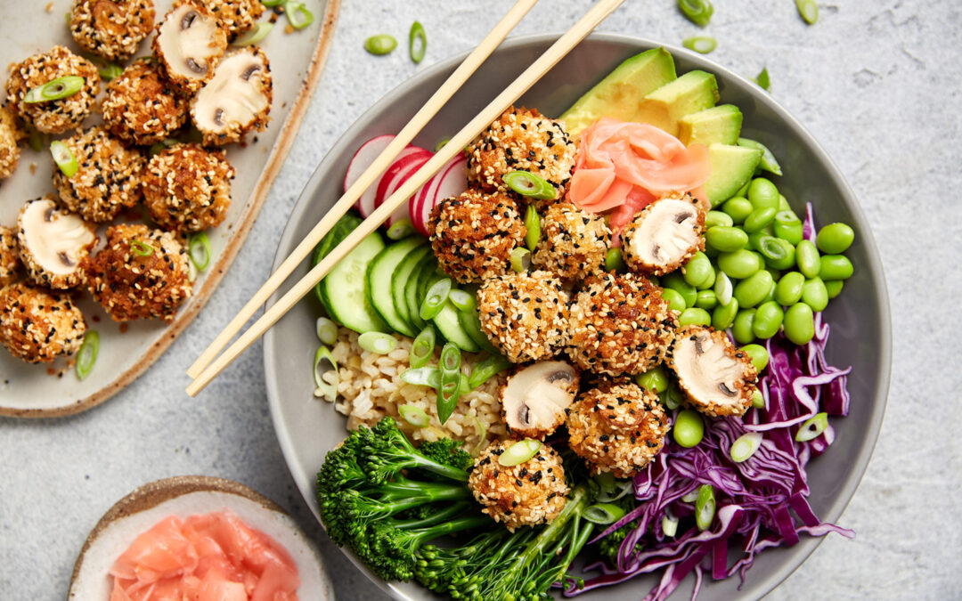 Crispy sesame-crusted mushroom poke bowl