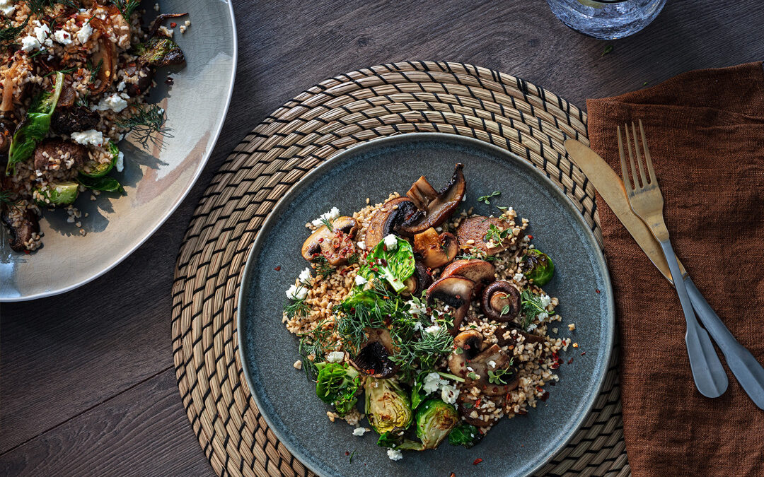 Mushroom, brussel sprout and bulgar wheat salad