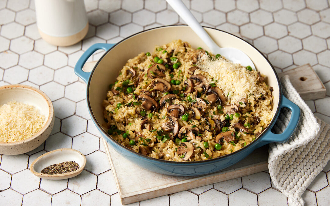 Swiss Brown mushroom, leek, and pea risotto