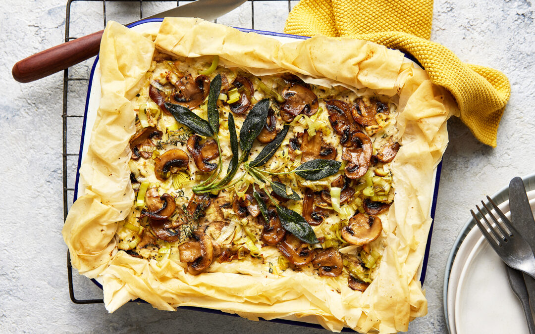 Mushroom, sage, and ricotta crispy filo tart