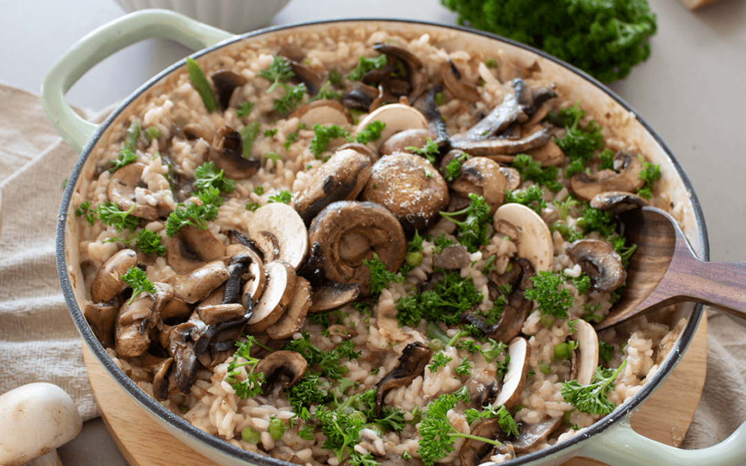 Three Mushroom, Prosciutto, Pea & Asparagus Risotto