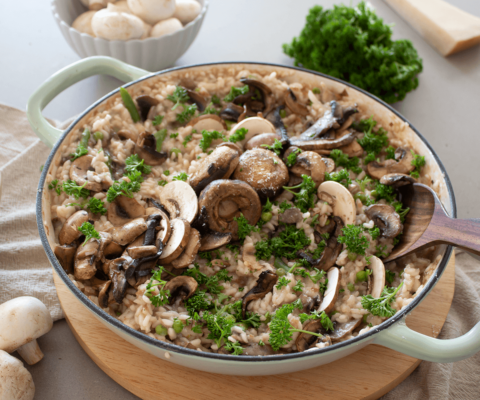 Three Mushroom, Prosciutto, Pea & Asparagus Risotto | Australian Mushrooms