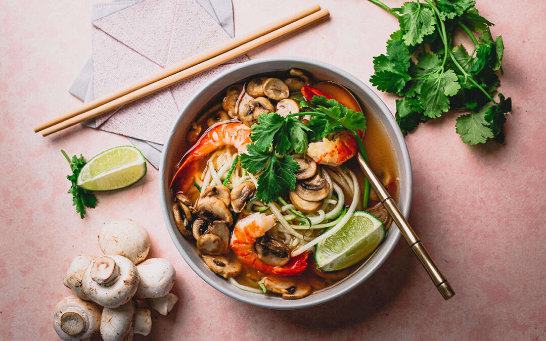 Mushroom & prawn Tom Yum with zucchini noodles