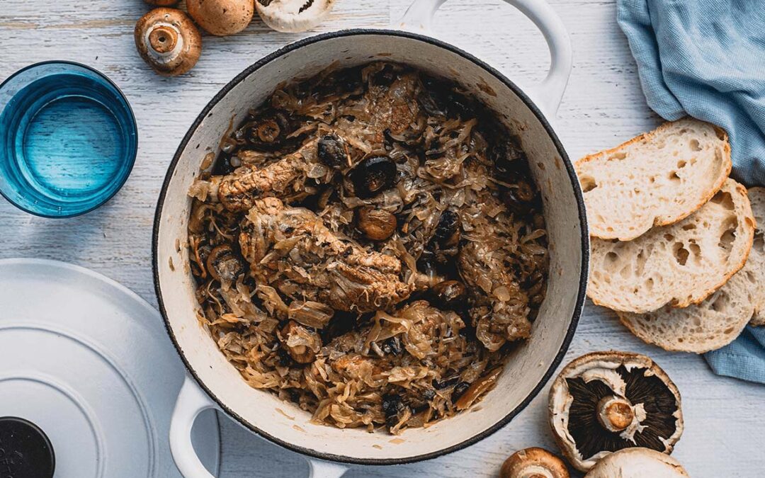 Slow cooked ribs with sauerkraut and mushrooms