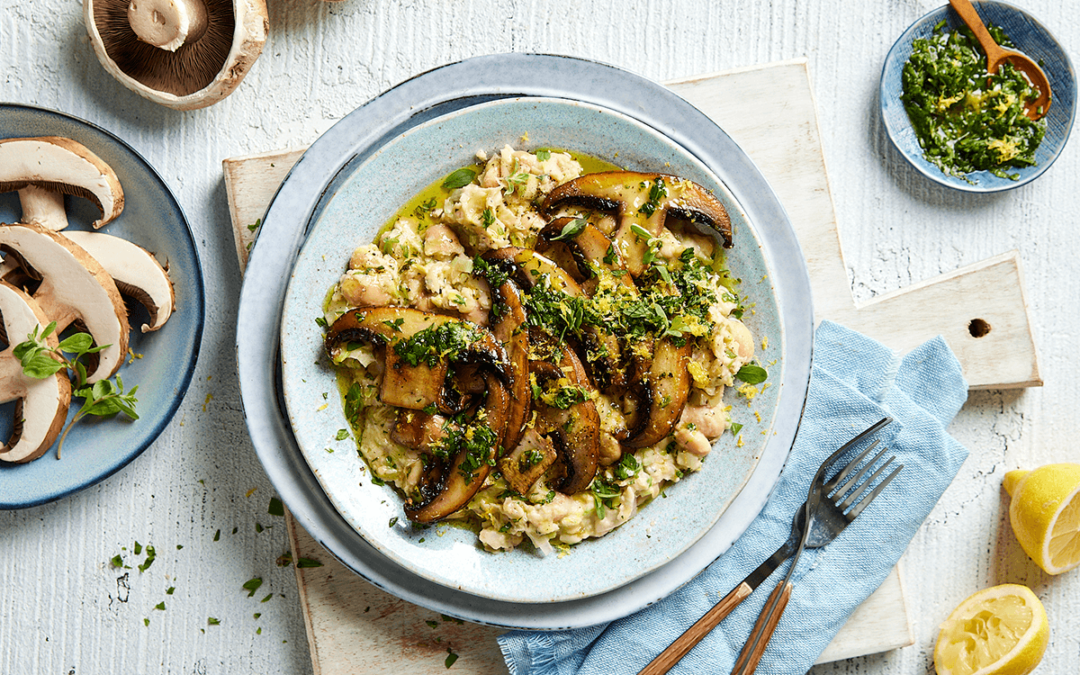 GRILLED PORTOBELLO STEAKS WITH GARLIC WHITE BEAN MASH AND A HERB GREMOLATA