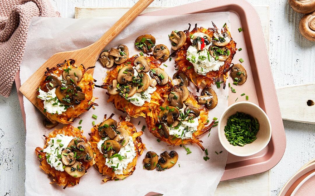 Grilled Thyme Mushrooms Served Over Crispy Rosti’s And Persian Fetta