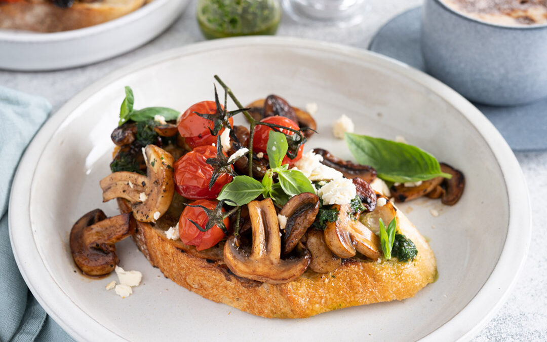 Balsamic Mushrooms on Sourdough Toast with Blistered Cherry Tomatoes, Feta & Basil Oil