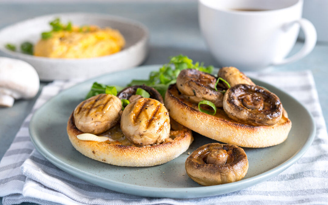 Grilled Mushrooms on Toasted English Muffins with Scrambled Egg