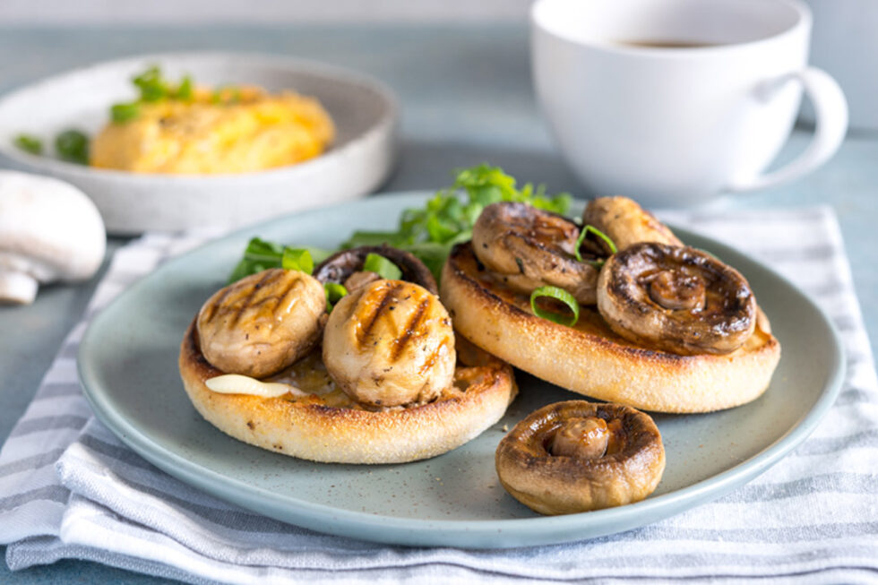 Grilled Mushrooms on Toasted English Muffins with Scrambled Egg