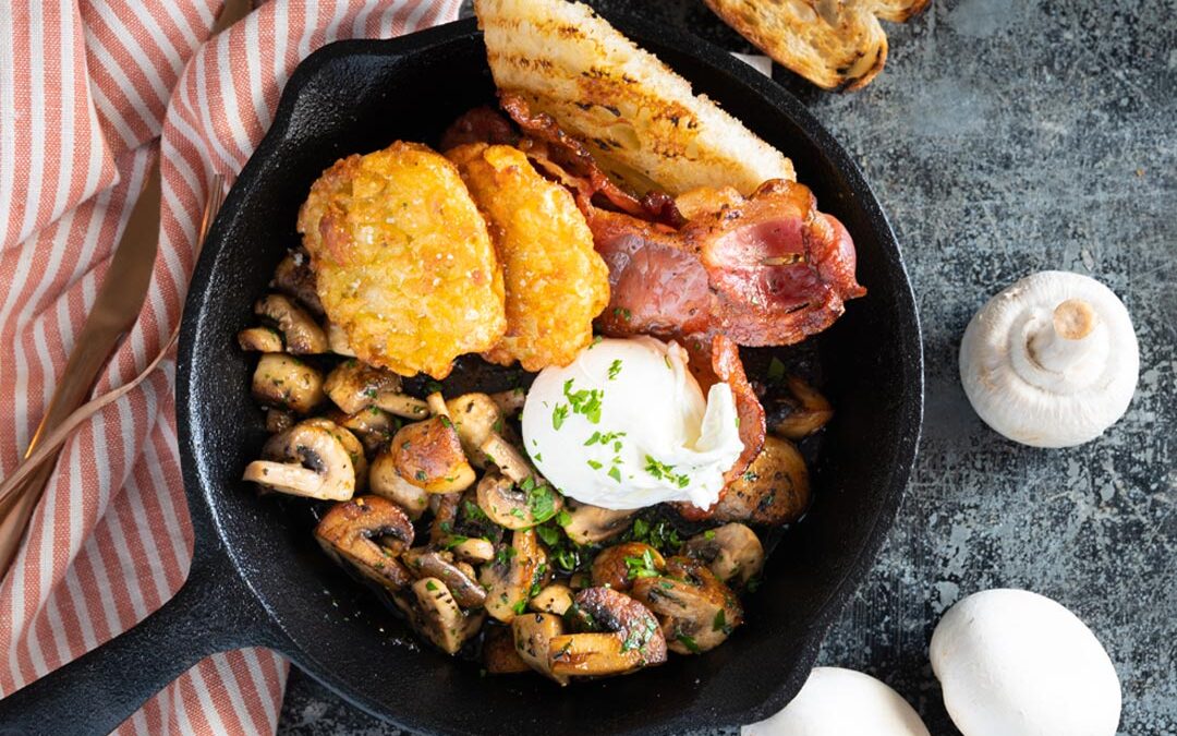 Mushroom Big Breakfast on Sourdough Toast with Golden Hash Brown, Crispy Bacon & Poached Egg