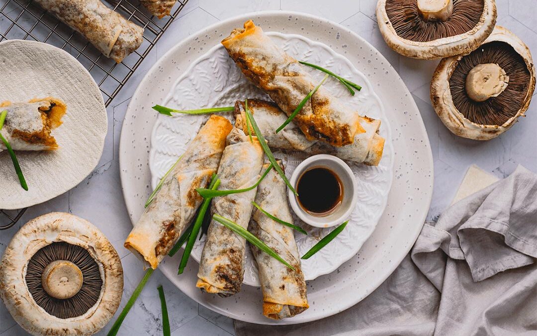 Air-fried mushroom and pork spring rolls