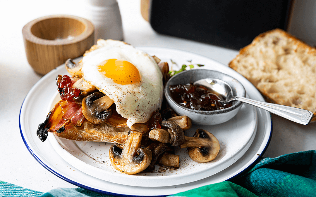 Sauteed Mushrooms on Toast with Bacon, Egg and Chilli Jam