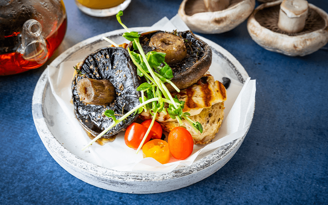 Roasted Mushrooms on Toast with Grilled Halloumi and Balsamic Glaze