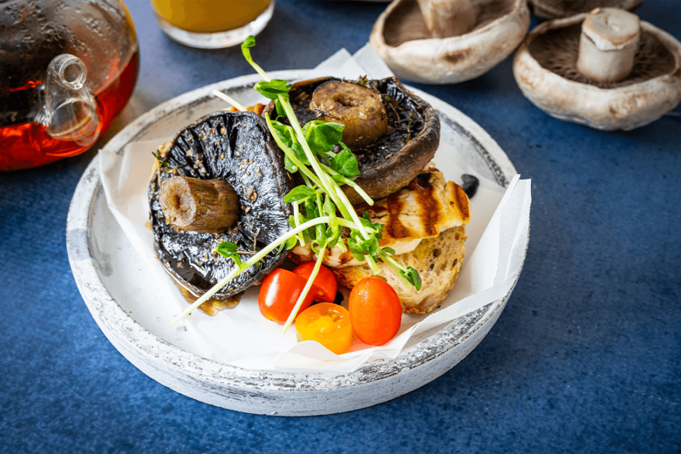 Roasted Mushrooms on Toast with Grilled Halloumi and Balsamic Glaze