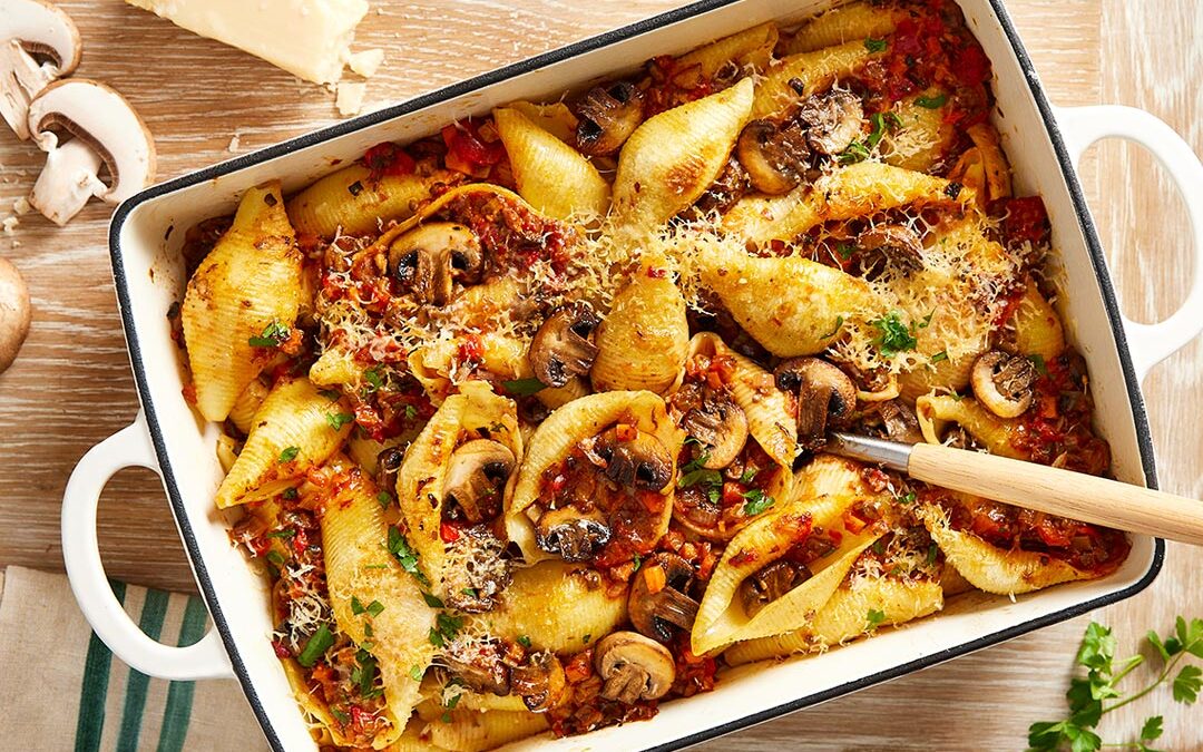 Mushroom ragu pasta bake