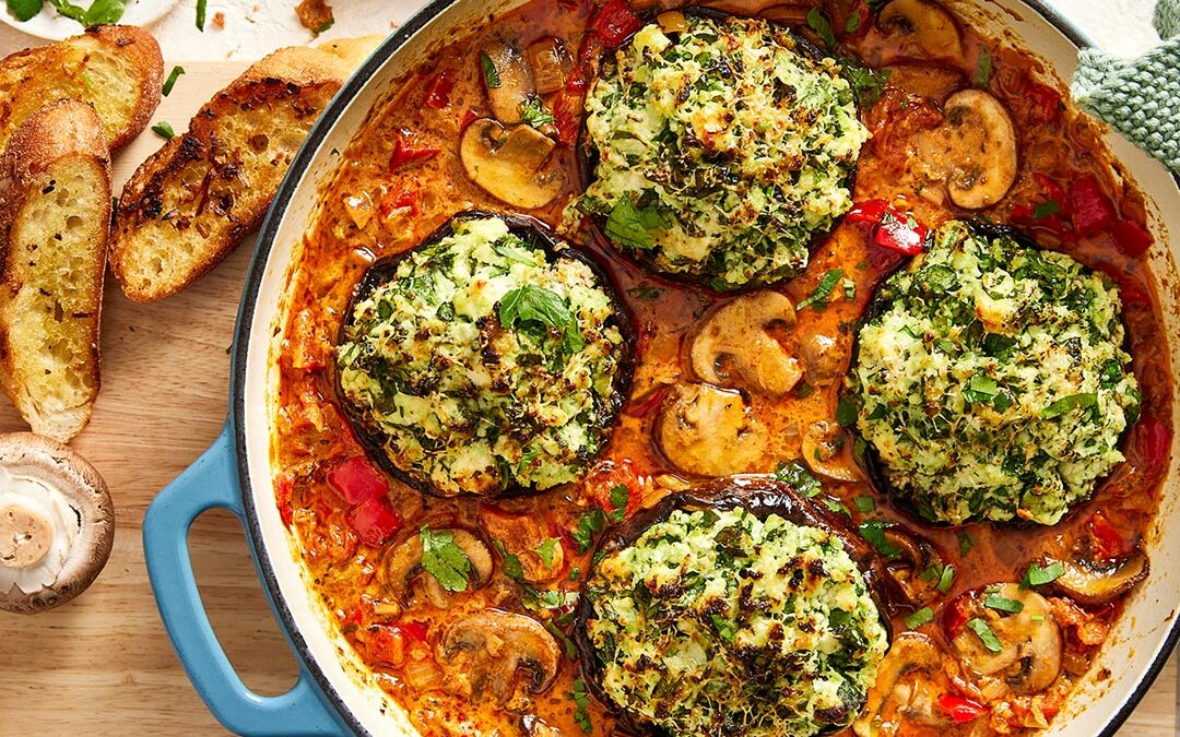 Stuffed portobello mushrooms in a creamy sauce