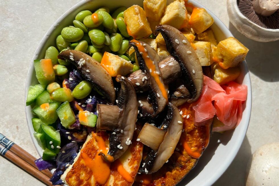 Warm Tofu Mushroom Poke Bowl Australian Mushrooms