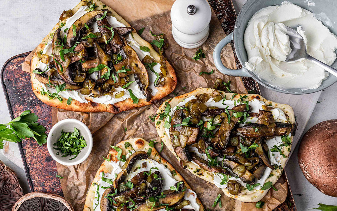 Curried Mushroom Naan With Labneh And Caramelised Onion