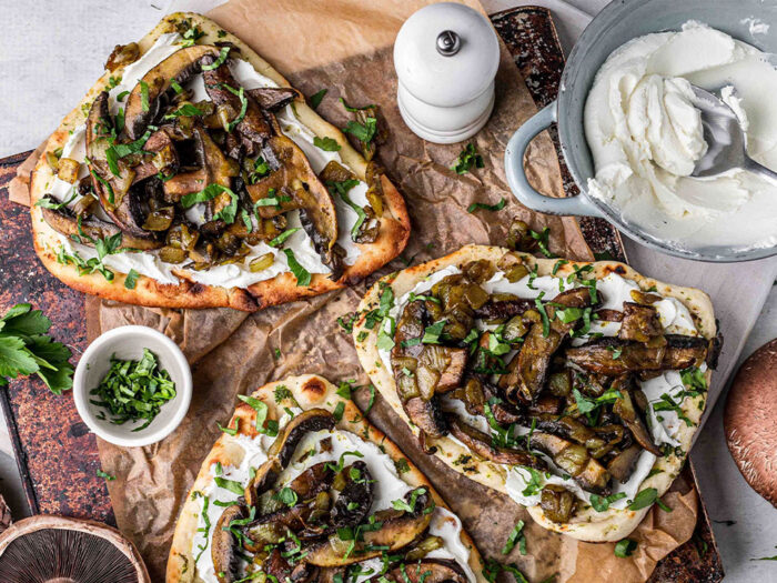 Curried Mushroom Naan With Labneh And Caramelised Onion