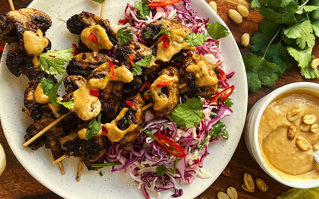 Mushroom satay skewers with slaw