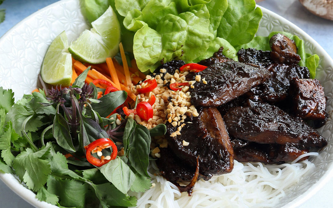 Vietnamese rice noodle bowl with marinated portobello mushrooms