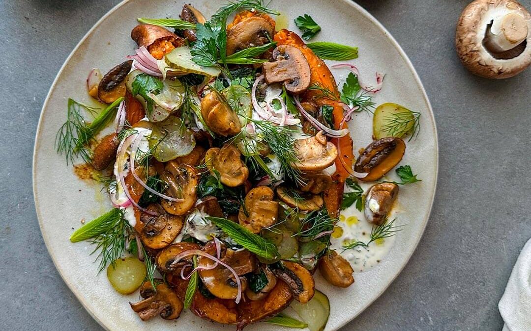 Loaded Sweet potatoes with Shawarma Spiced Mushrooms, herbed yoghurt & Pickles