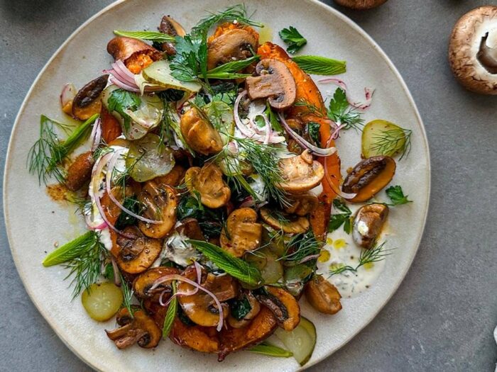 Loaded Sweet potatoes with Shawarma Spiced Mushrooms, herbed yoghurt & Pickles