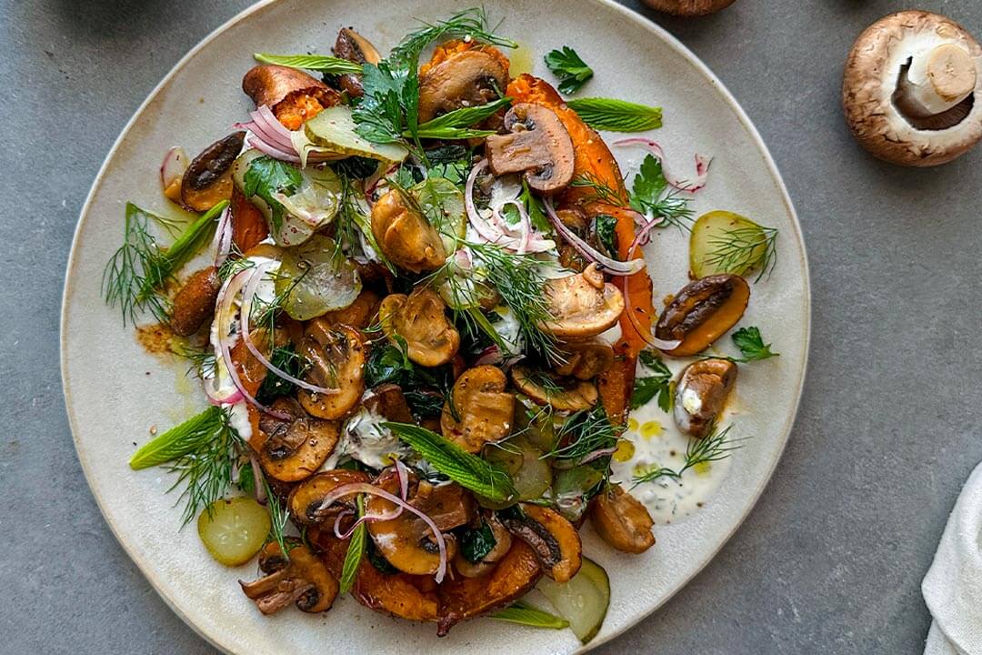 Loaded Sweet potatoes with Shawarma Spiced Mushrooms, herbed yoghurt & Pickles