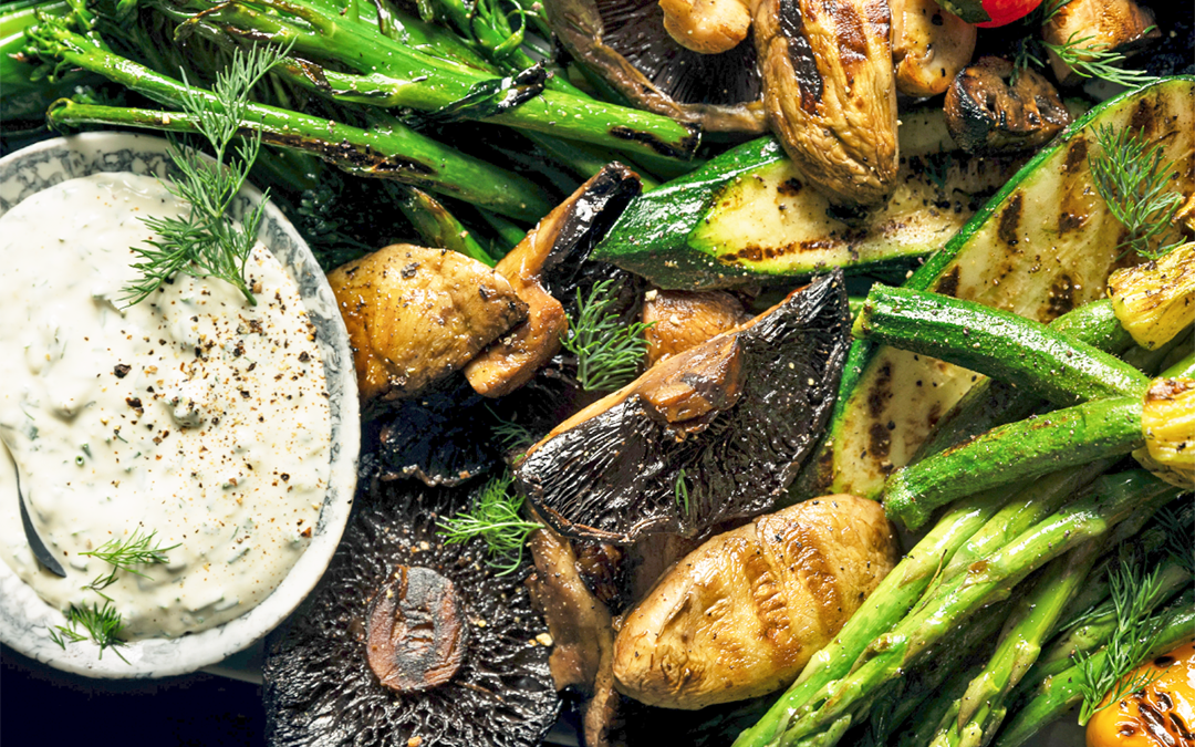 BBQ’d Mushrooms and summer Vegetables with a Creamy Herb Dressing