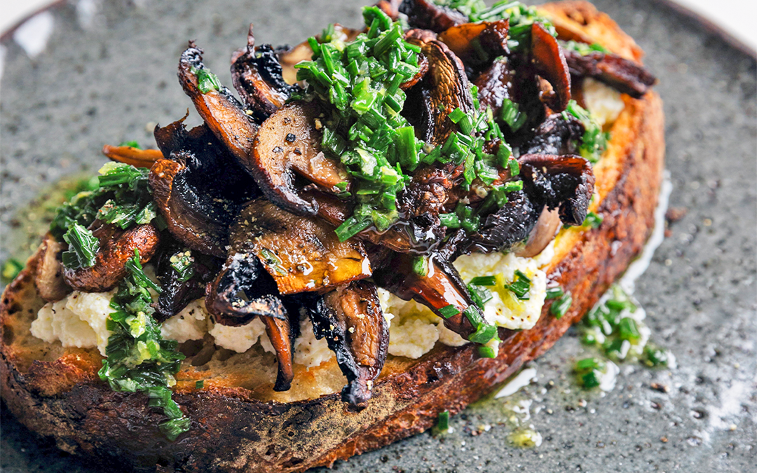 Roasted Tangy Mushrooms on Toast with Ricotta and Chunky Chive Oil